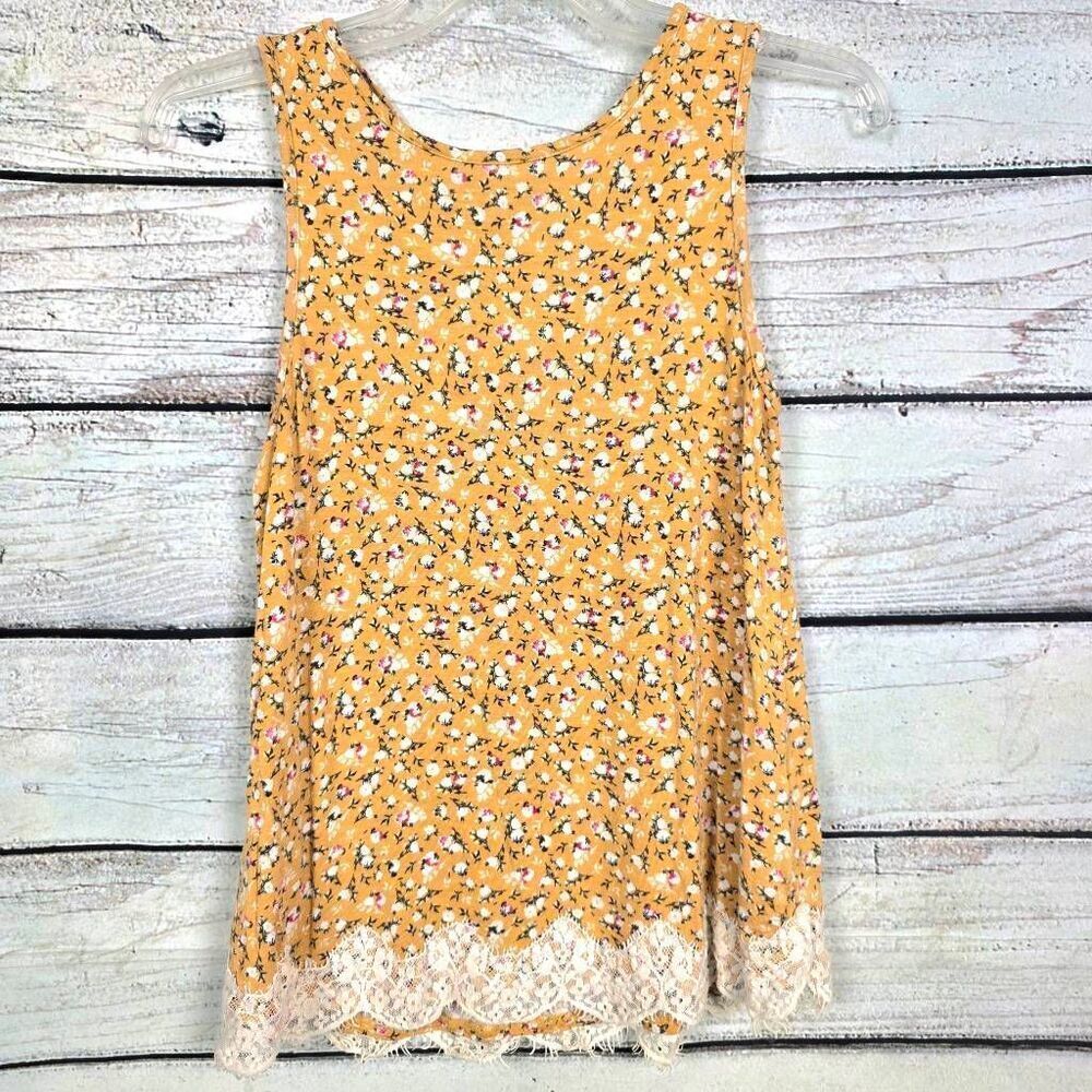 Rewind Yellow Floral Lace Hem Tank Top XS